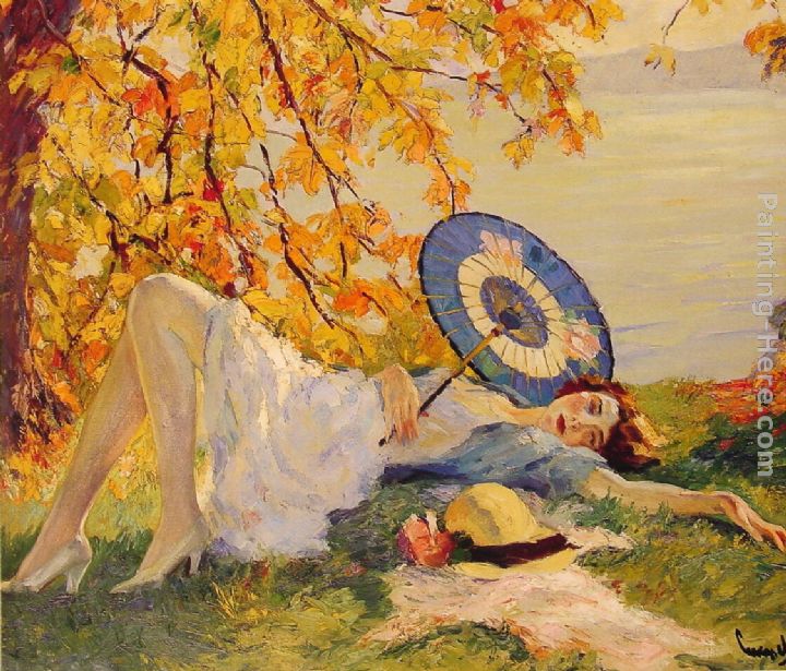 Woman Reclining by a Lake painting - Edward Cucuel Woman Reclining by a Lake art painting